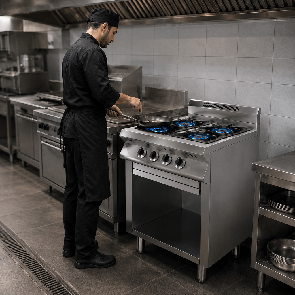 commercial gas stove dengan cabinet base