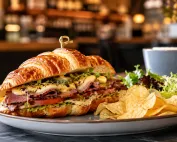 Smoked Beef Croissant Sandwich premium dengan croissant flaky, smoked beef, cheese, sayuran segar, dan sauce untuk menu cafe.