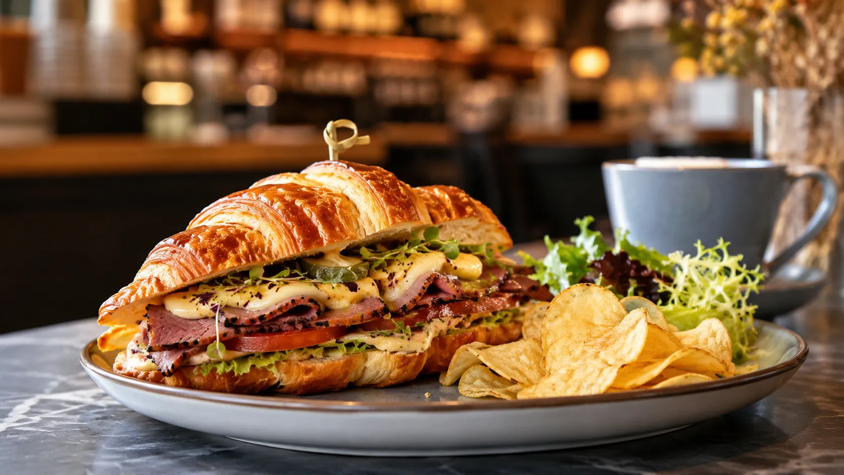 Smoked Beef Croissant Sandwich premium dengan croissant flaky, smoked beef, cheese, sayuran segar, dan sauce untuk menu cafe.