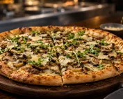 Truffle Mushroom Pizza premium dengan mushroom, parmesan, arugula, dan crust matang merata untuk aplikasi menu restoran.