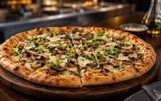 Truffle Mushroom Pizza premium dengan mushroom, parmesan, arugula, dan crust matang merata untuk aplikasi menu restoran.