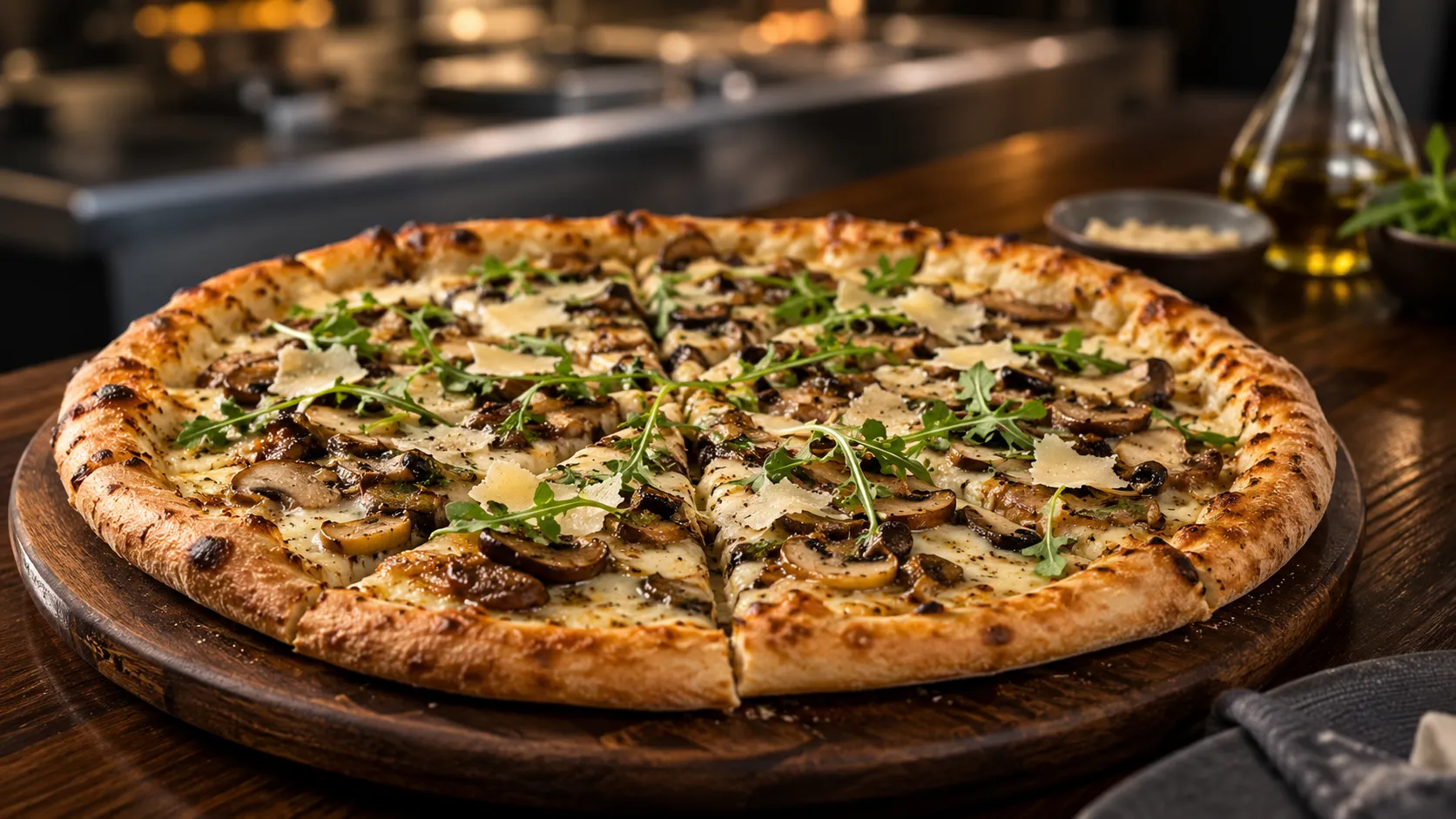 Truffle Mushroom Pizza premium dengan mushroom, parmesan, arugula, dan crust matang merata untuk aplikasi menu restoran.